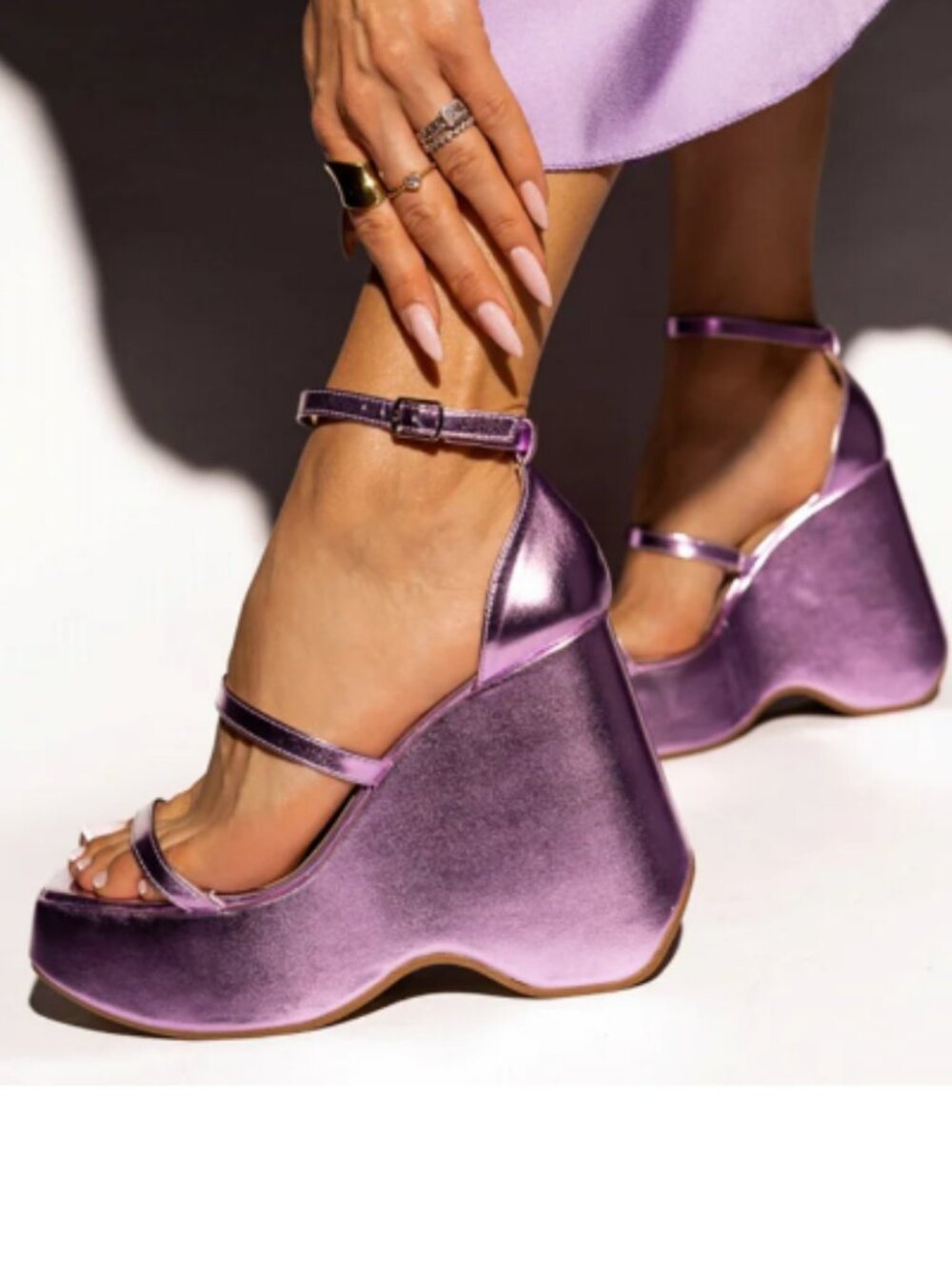 FSJ Metallic Purple Open Toe Ankle Strap Platform Sandals with Wedges